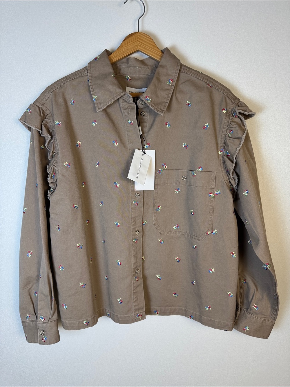 Something Navy Taupe Embroidered Ruffle-Sleeve Button Shirt